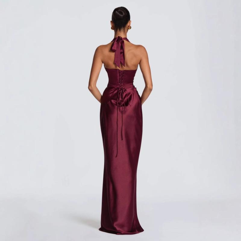 2026 Spring Festival: New Halter Deep V-Neck Pleated Off-the-Shoulder Long Dress in European and American Styles