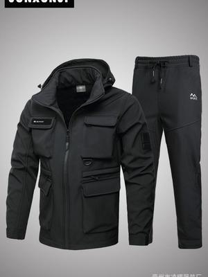 Men's Waterproof Velvet-Enhanced Workwear Set: Warm, Camouflage, Wear-Resistant Outdoor Clothing for Autumn and Winter