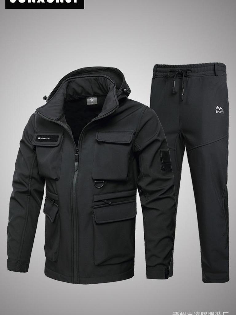 Men's Waterproof Velvet-Enhanced Workwear Set: Warm, Camouflage, Wear-Resistant Outdoor Clothing for Autumn and Winter