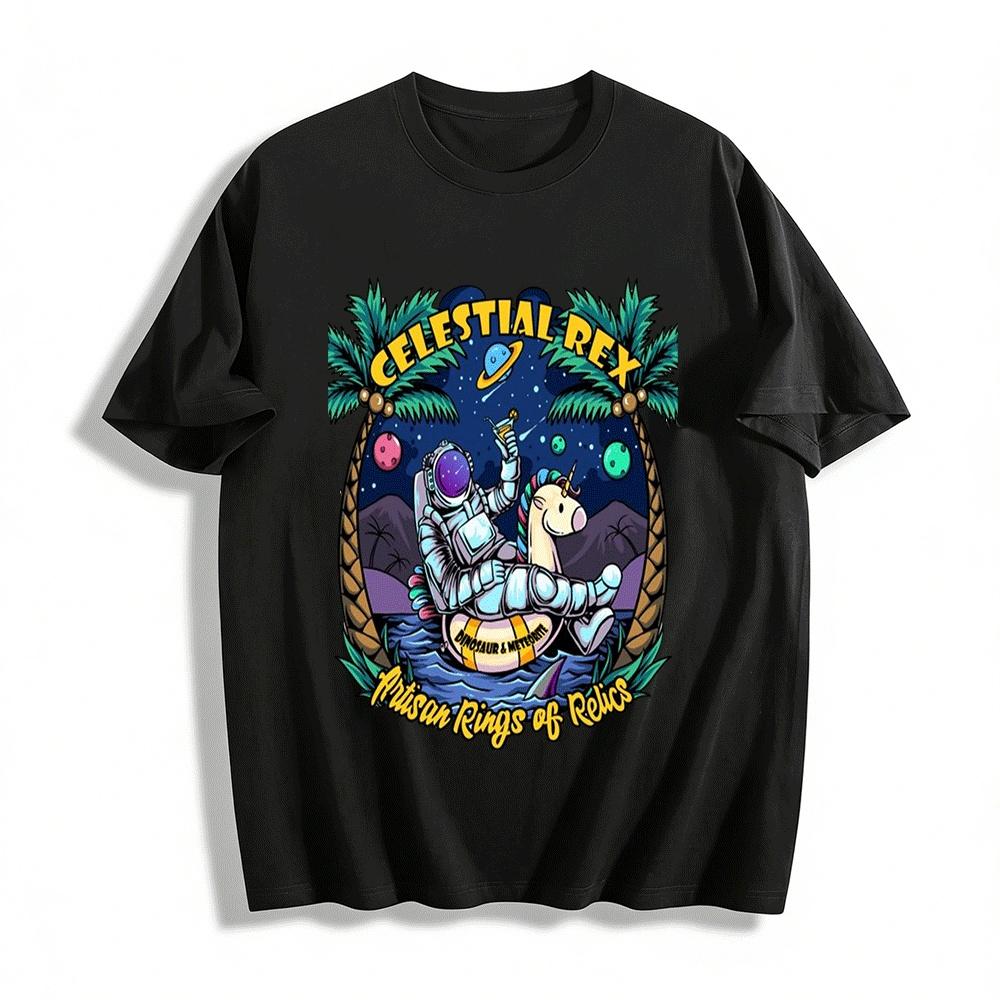 

Celestial Rex Astronaut Unicorn Coconut Tree Graphic Tee Pure cotton T-shirt XXS