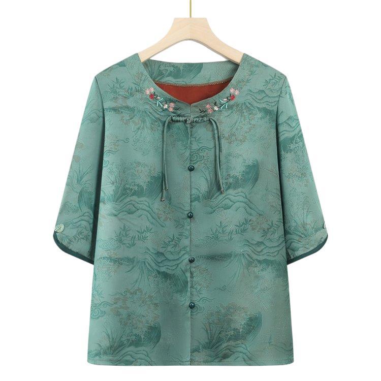 Embroidered Loose Stand Collar Shirt for Plus Size Mature Women