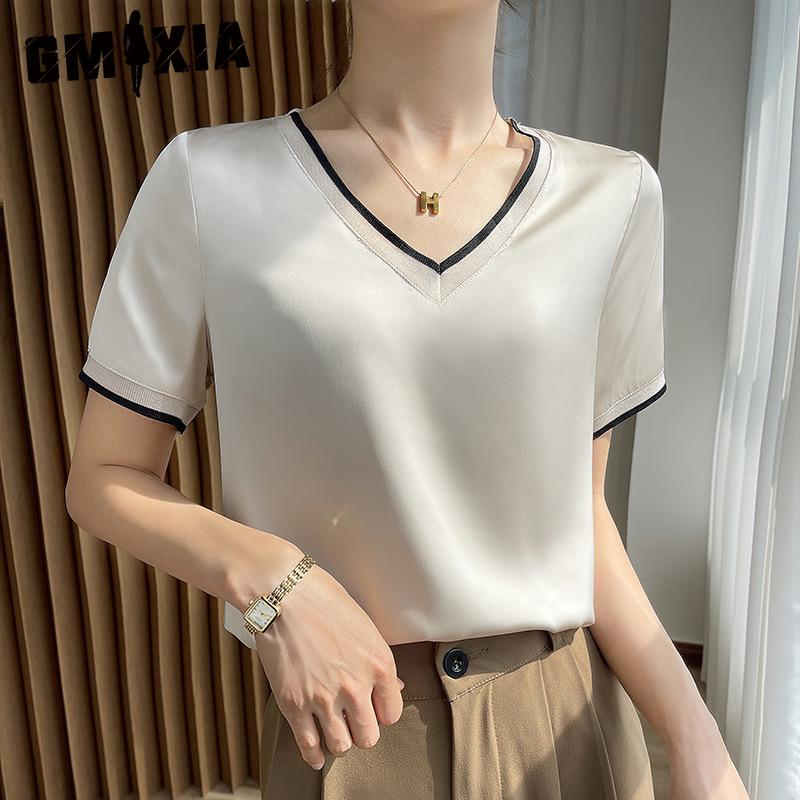 GMXIA Summer Silk Satin Short-sleeved T-shirt, Women's Mesh Solid Color Vest, Elegant V-neck Commuter Top