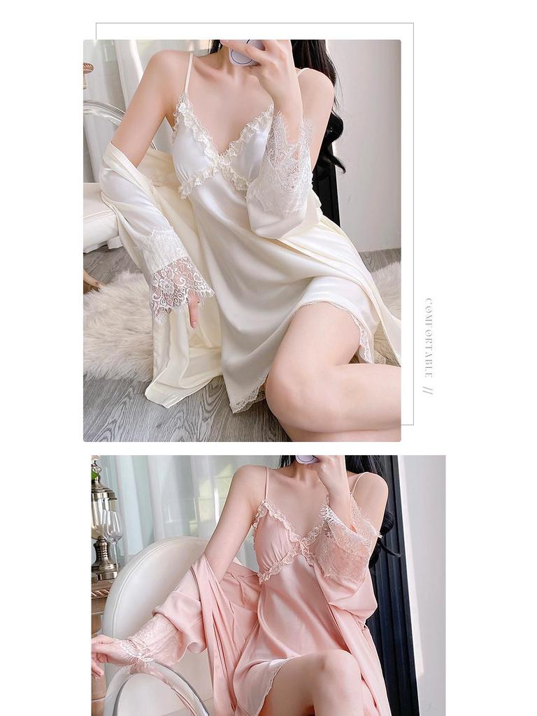 Elegant Lace Ice Silk Two-Piece Camisole Nightgown & Robe Set for Women - Spring/Summer