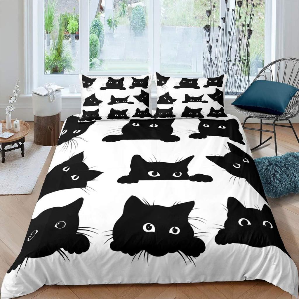 Black Cat Bedding Set Double Size White Cute Kitten Print Duvet Cover With 2 Pillowcases 3D Animal Comforter Cover