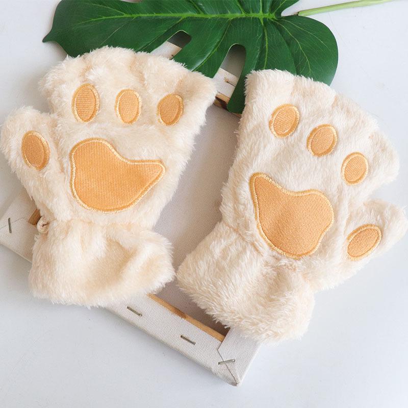 

Winter Plush Cat Paw Fingerless Gloves for Girls - Cute Cartoon Bear Paw Design One Size світло-жовтого кольору