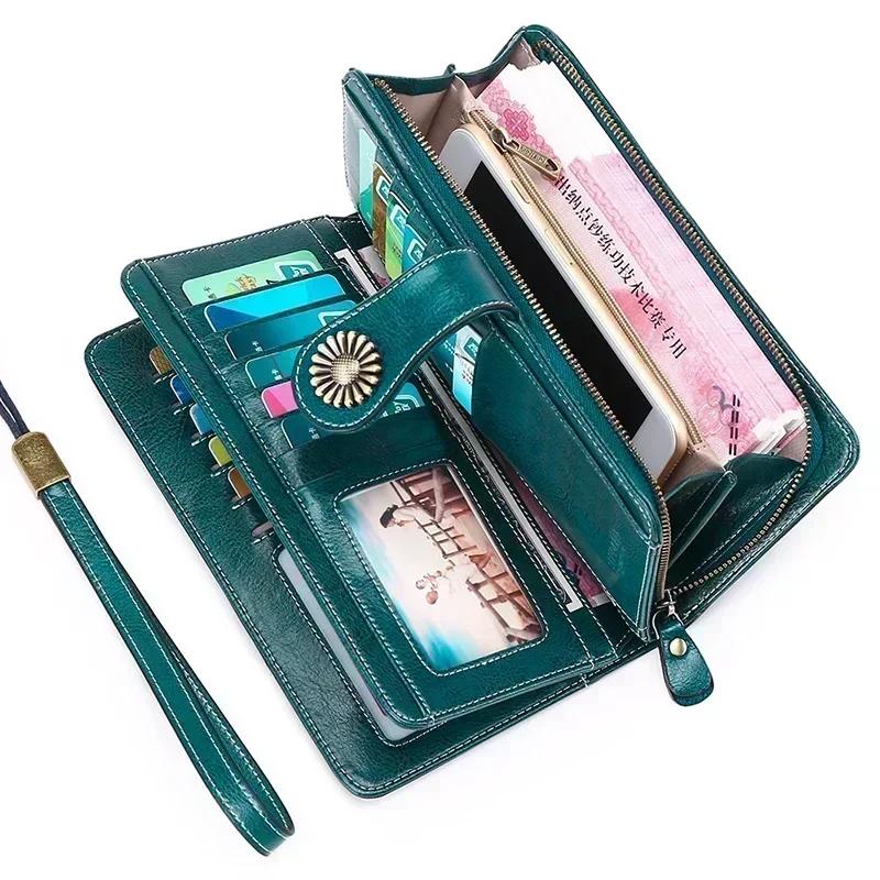 Vintage Large Capacity Women's Purse, Oil Wax Skin, Multi-card, Long Wallet, Multi-function Zipper Strap, Wrist Strap, New