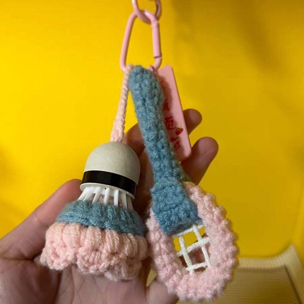 Mini Crochet Badminton Keychain Bright Color Car Keyring Knitted Badminton Pendant  Backpack Decor
