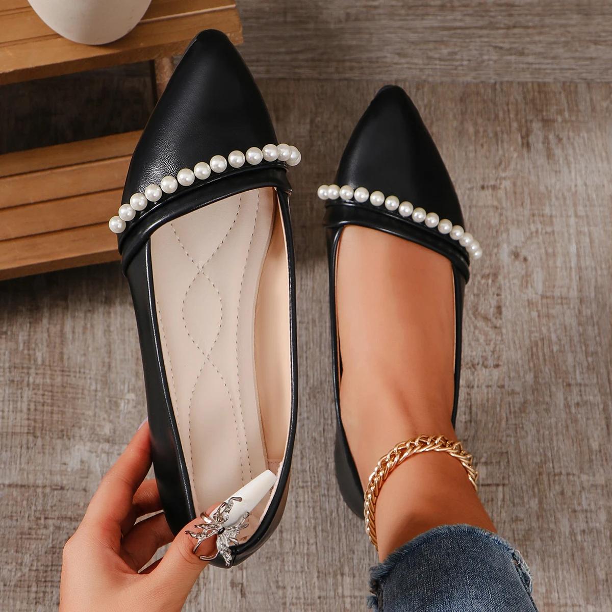 

Fashion French Pointed Toe Shallow Mouth Single Shoes Women 2024 Pearl Temperament Versatile Work Shoes Flat Comfort Zapatos De Mujer 43
