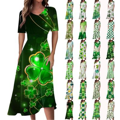 Damska moda codzienna St. Sukienka z nadrukiem na Dzień Świętego Patryka, dekoltem w serek, krótkim rękawem i talią, długa, rozkloszowana