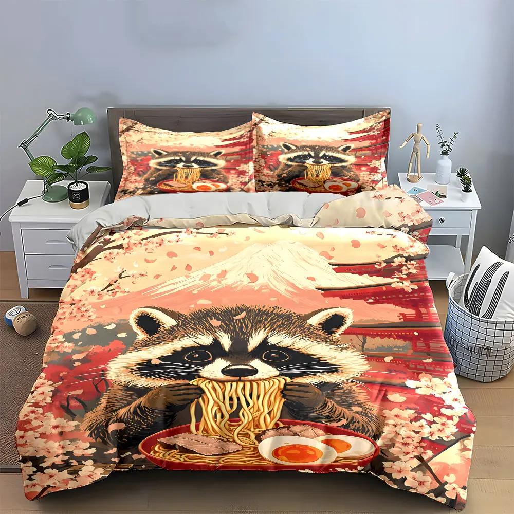 Raccoon Ramen Art Set Decor Soft Comfortable Duvet Cover Bedding Set Included 1*Duvet Cover & 2*Pillowcases gift