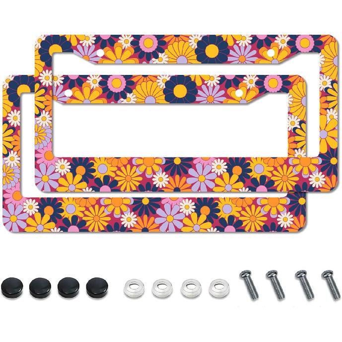 Floral License Plate Frame,Colorful Flowers Cute License Plate Frame 2 Pack Car Accessories Aluminum License Plate Covers for Men Women 2 Holes with