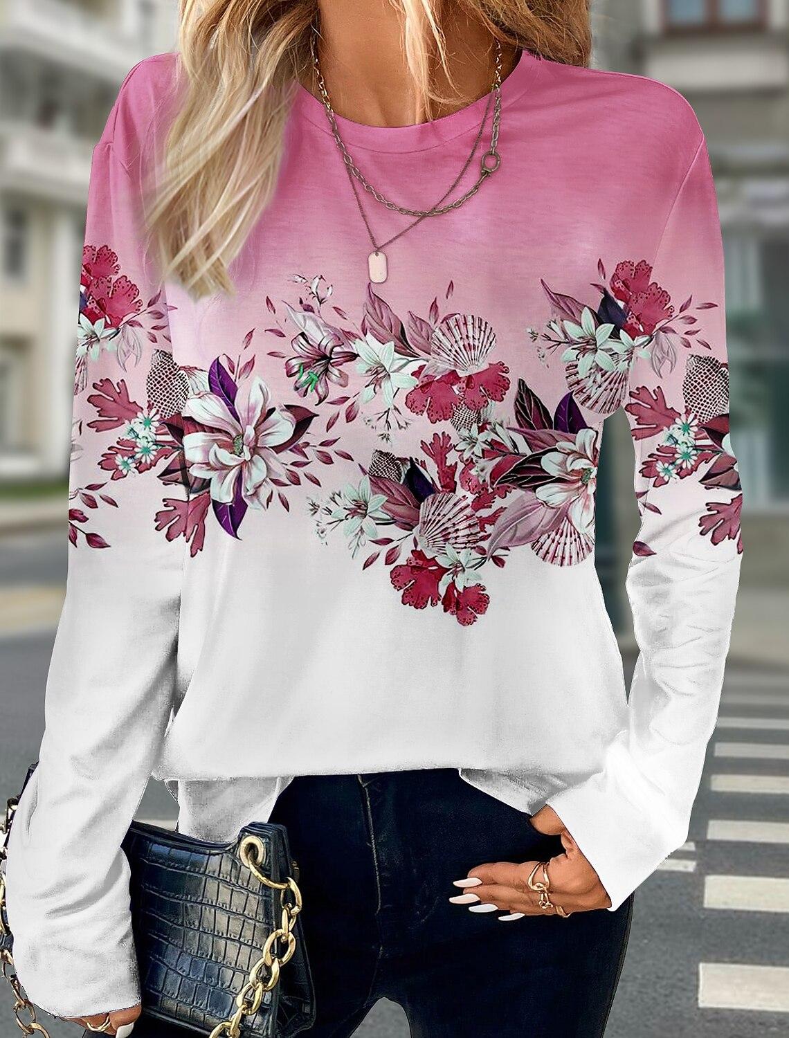 

3D-принт с цветочным принтом, женская футболка с длинным рукавом, базовый дизайн, модная круглая горловина, стандартный крой, толстовка Y2K для девочек L