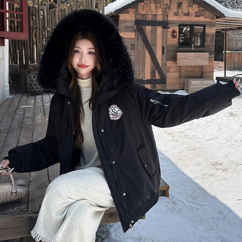 Women's Winter Hooded Cotton-Padded Parka with Stand-Up Collar and Badge Design