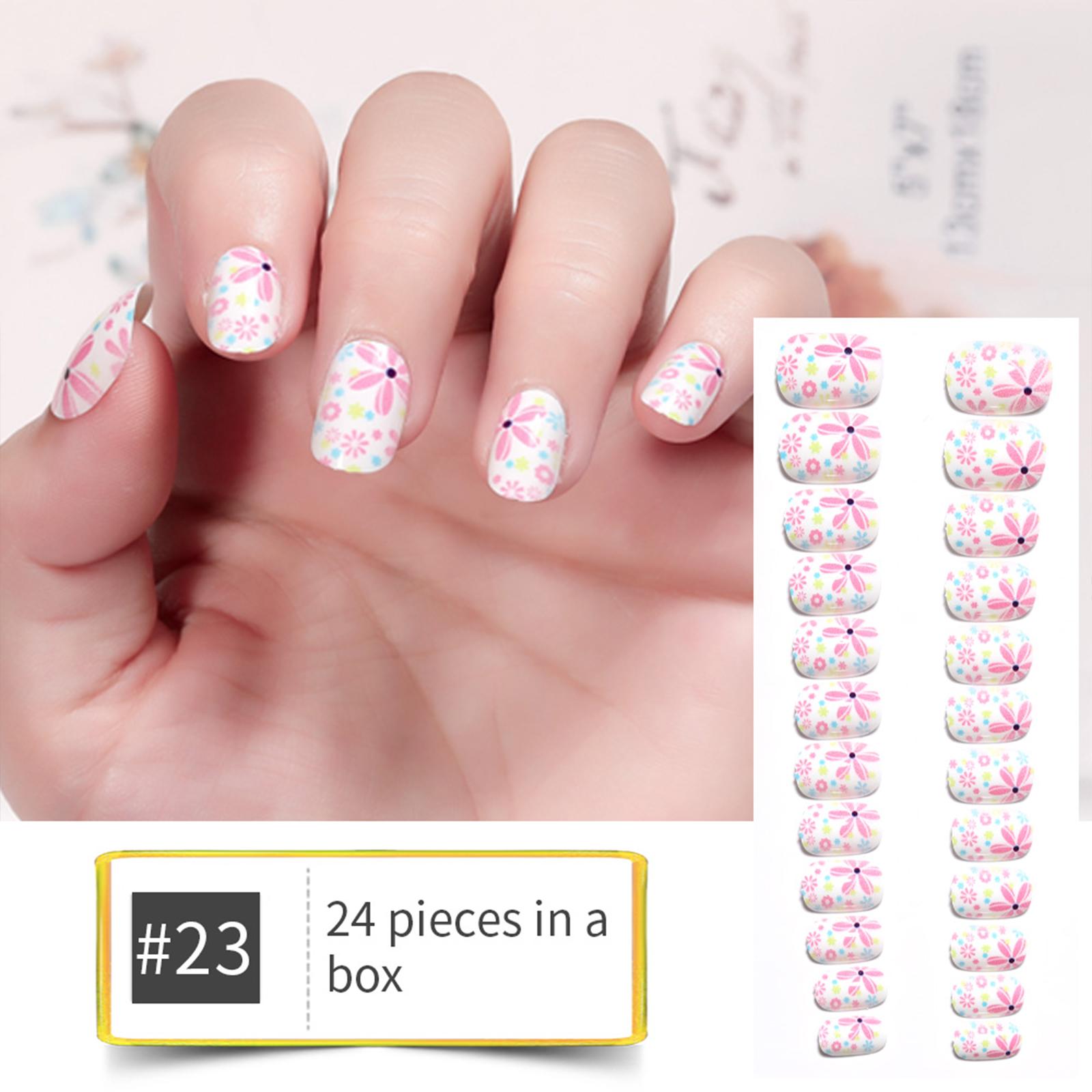 

24 шт./кор. детские накладные ногти с рисунком из мультфильмов, милые накладные ногти для девочек, кавайные акриловые искусственные накладные ногти + инструмент