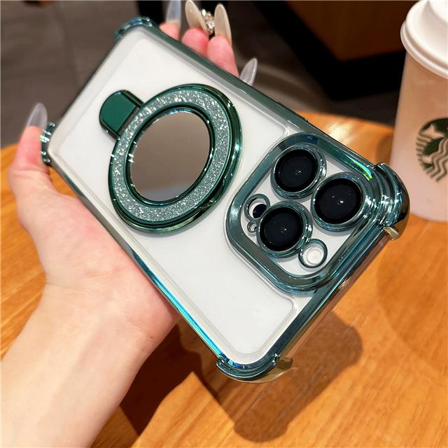 Luxury Plating Flash Mirror Clean Frame Bracket Stand Phone Case For iPhone 11 13 14 15 Plus 16E 16Pro Max Lens Protective Cover