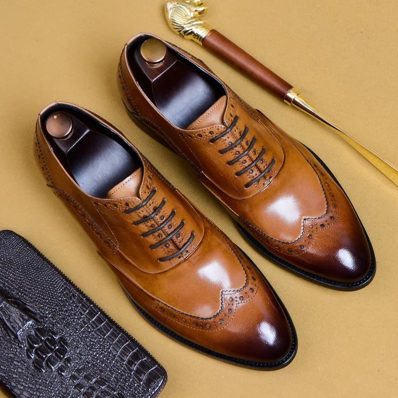Genuine Cow Leather Brogue Wedding Business Men Casual Flats Vintage Handmade Oxford Shoes for Men Black Burgundy 2024