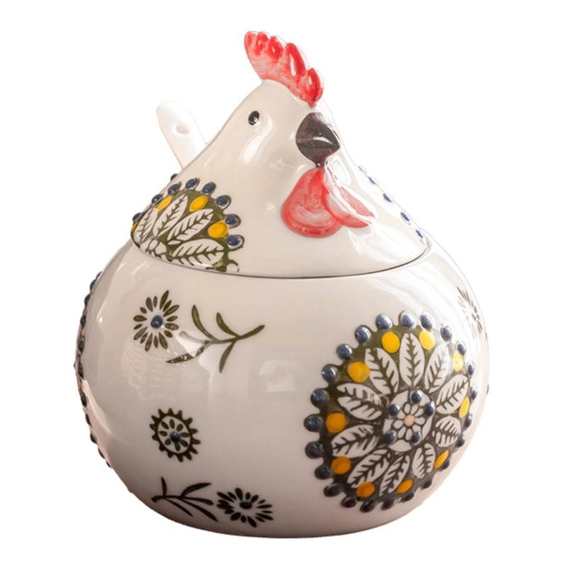 Ceramic Seasoning Container Chick Designs Sealable Lid Included Measuring Utensils For Cooking Essential