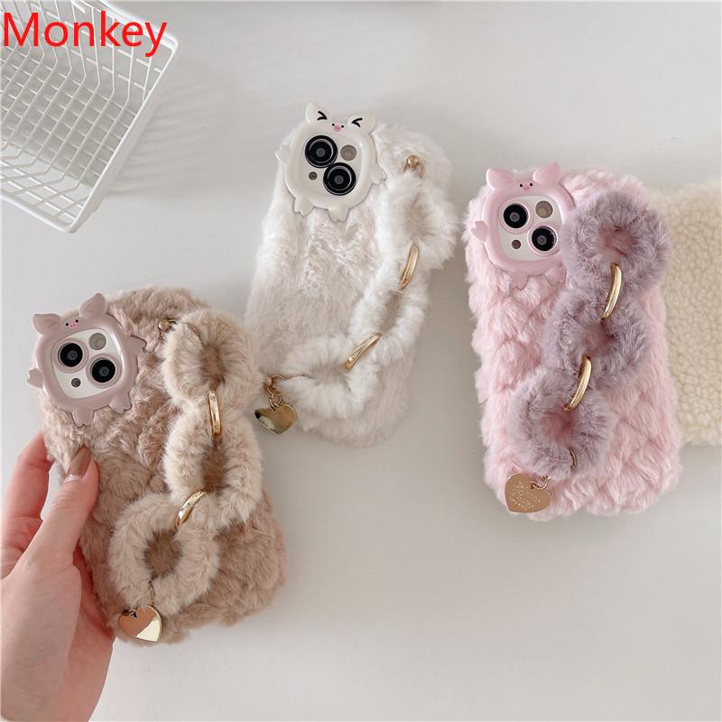 Cute Korean Fur Wrist Chain Silicone Case For iPhone 17 16 Pro Max 15Plus 14 13 12 11 Winter Furry Fluffy Plush Wrist Band Cover
