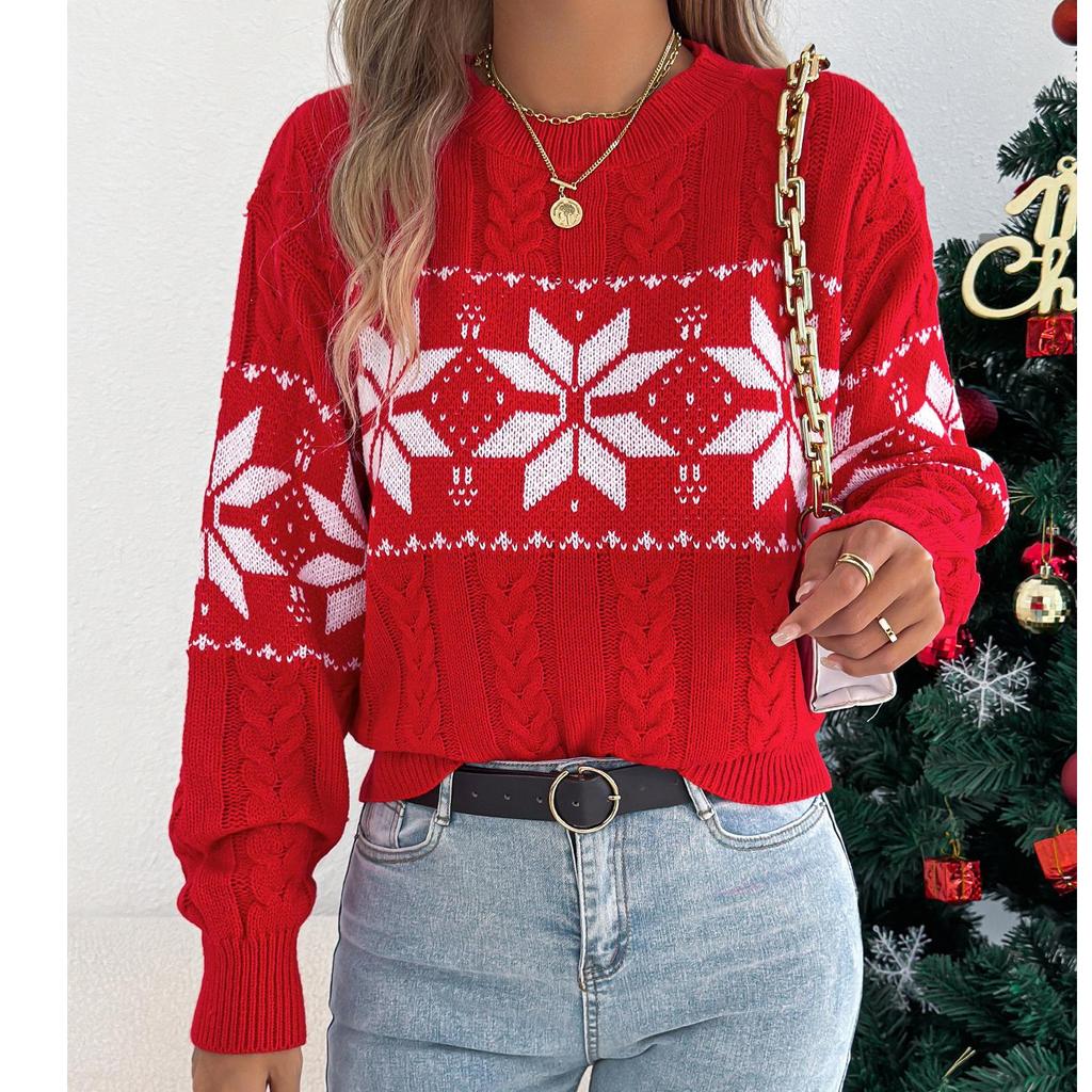 Weihnachts Damenpullover Herbst Winter Lässig Kontrastfarbe Schneeflockenmuster Gestrickte Oberteile Rundhalsausschnitt Langärmliger Pullover