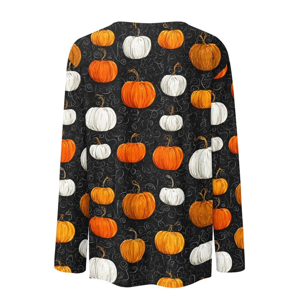 Women's Casual Long Sleeve Pullover Sweatshirt Halloween Pumpkin Print Round Neck Top Lightweight Comfortable Fit