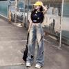 Women's American-Style Distressed Wide-Leg Jeans, High-Waisted, Slimming, Floor-Length, Trendy Autumn Fashion.