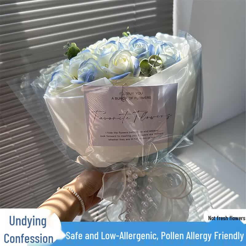 Crushed Ice Blue Rose Soap Flower Bouquet