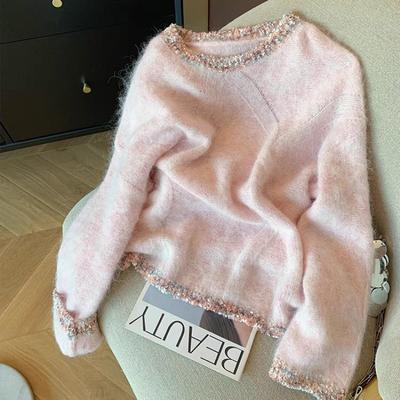 Pink Spliced Lace Mohair Sweater Women's Autumn and Winter New Gentle Wind Lazy Soft Waxy Age-reducing Knitted Sweater
