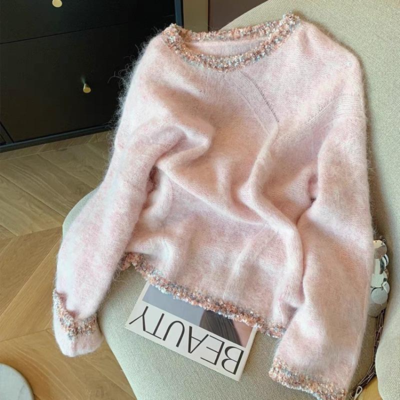 

Pink spliced lace mohair sweater women s autumn and winter new gentle wind lazy soft waxy age-reducing knitted sweater XL рожевий