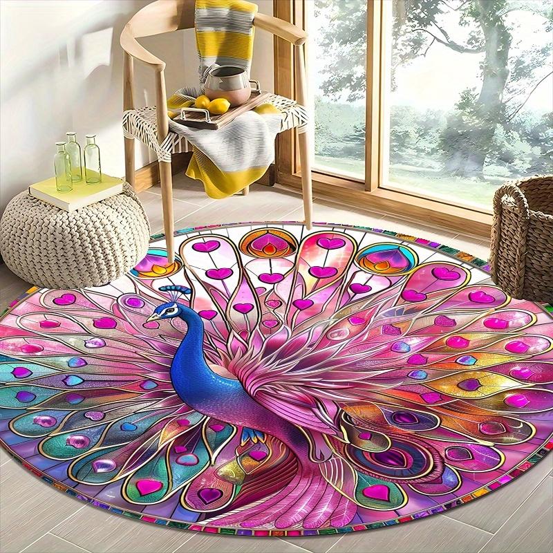 Colorful peacock pattern Flannel-printed round floor mats are slip-resistant Suitable living room bedroom terrace garden carpets