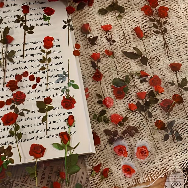 6 pcs/Pack Red Rose Flower PET Stickers Decorative Scrapbooking Collage Junk Journal Supplies Diary Album Craft Card DIY Label