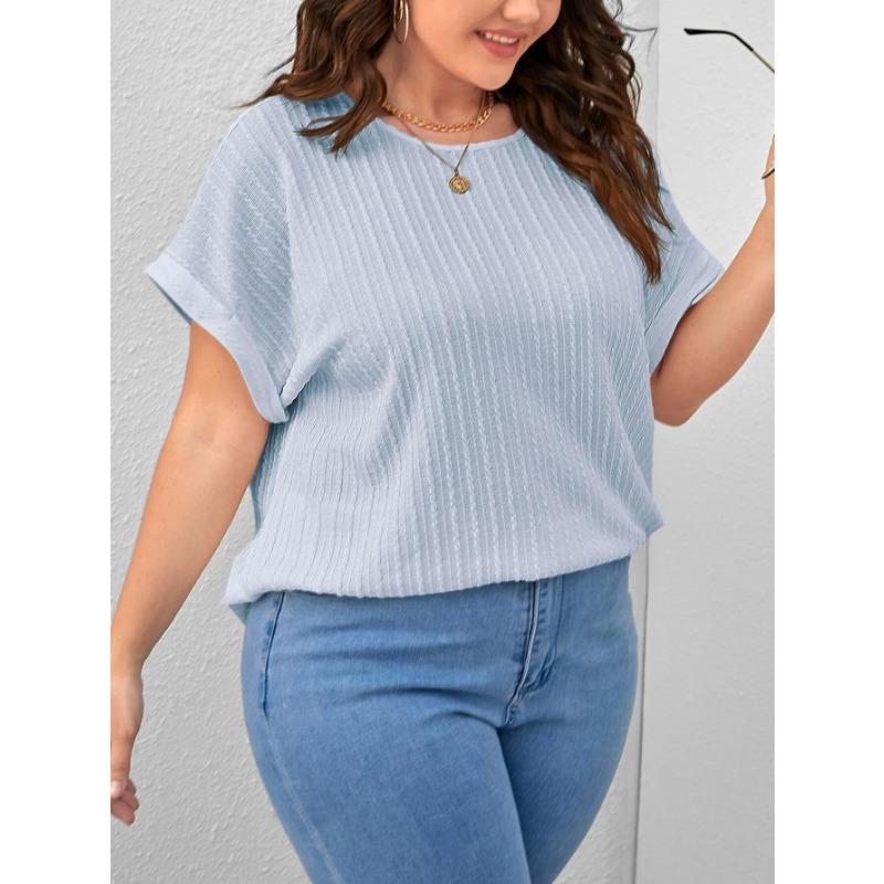 

Летняя женская повседневная однотонная футболка в вертикальную полоску с рукавами «летучая мышь» свободного кроя с короткими рукавами больших размеров 5XL небесно-голубой