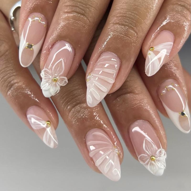 

3D Rhinestone Flower Almond-Shaped French Manicure Nails ST3855【with glue】