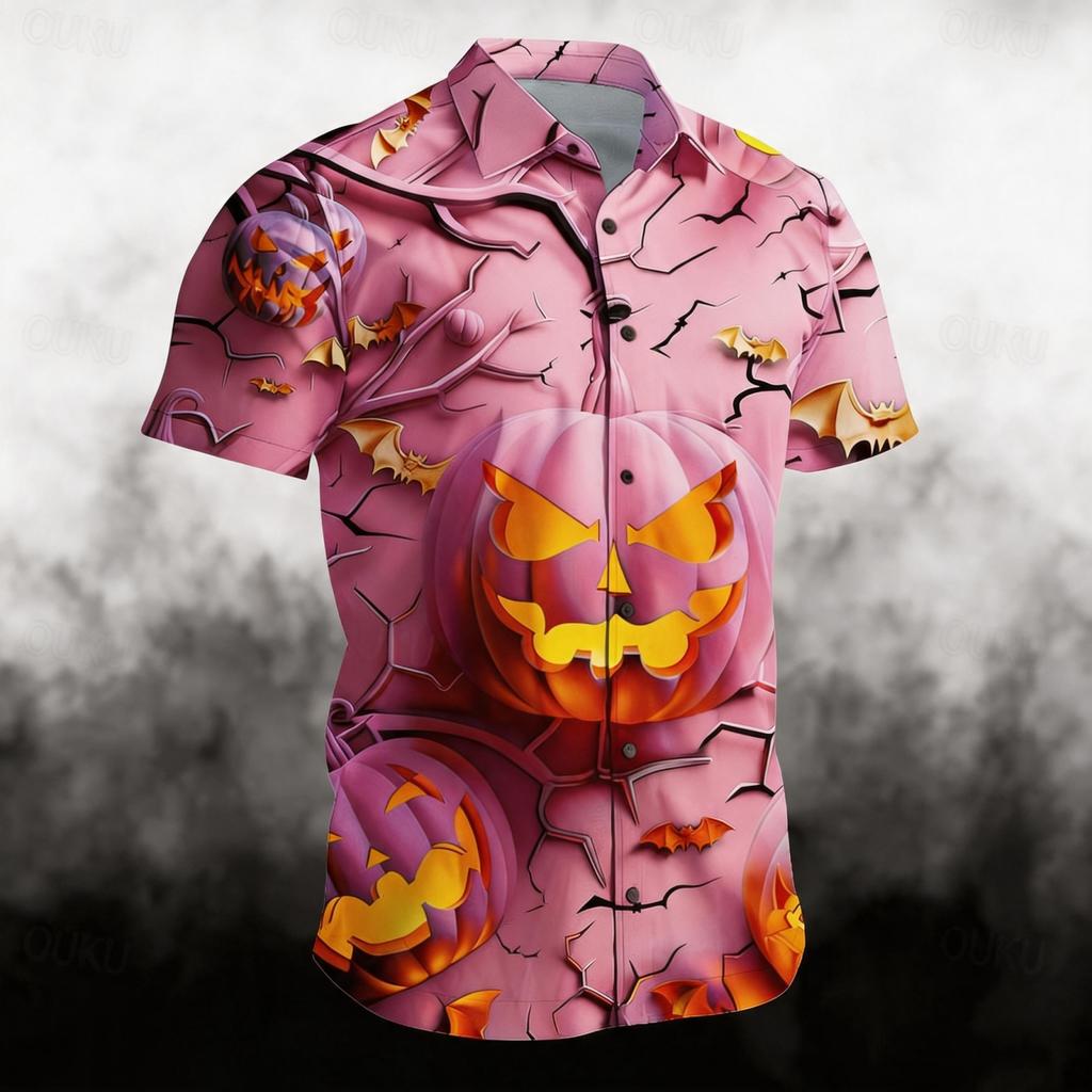 Men's Casual Short Sleeve Halloween Print Open Sleeve Shirt for Costume Parties and Casual Outings