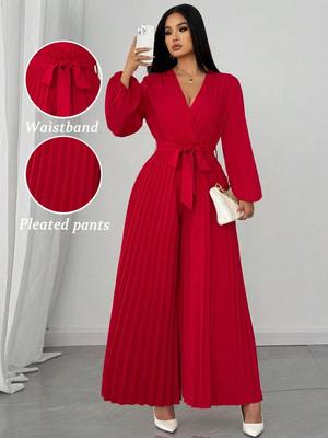 Mono Elegante de Manga Larga con Pliegues y Cintura Ceñida para Mujer Tallas Grandes