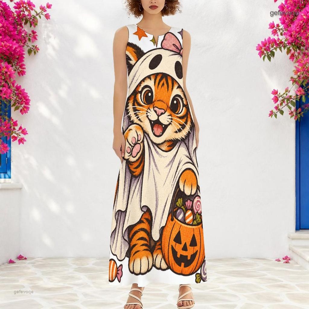 Women Plus Size Sleeveless Small V Neck Maxi Dress Halloween Witch Lamb Cartoon Print Loose Long Dress