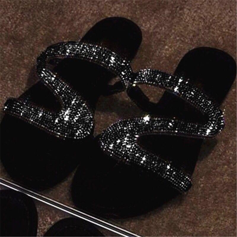 2025 Summer Rhinestone Flat Hollow Outdoor Women's Sandals, Sizes 40-43, Single Strap