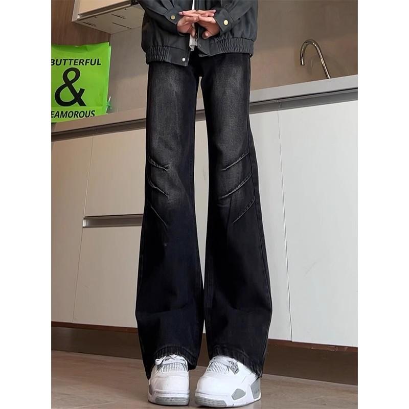 Black pleated scimitar jeans men's American high street vibe pants washed retro slim straight micro-pull pants