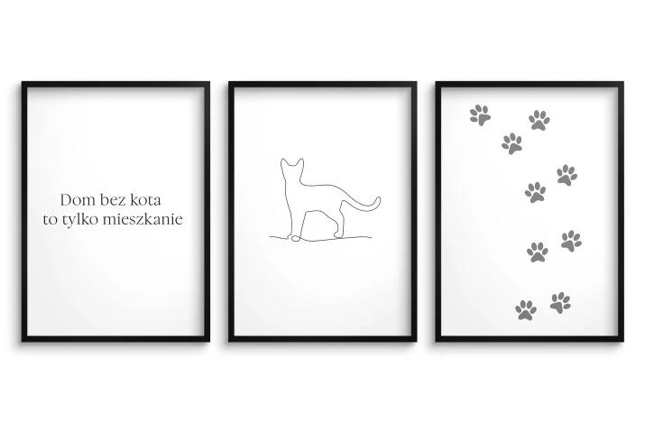 Wall Paintings Posters Black and White Line Art with Frame Set for Living Room Cat