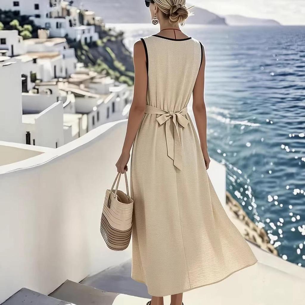 2026 Elegantes asymmetrisches ärmelloses Sommerkleid für Damen mit V-Ausschnitt, einfarbig