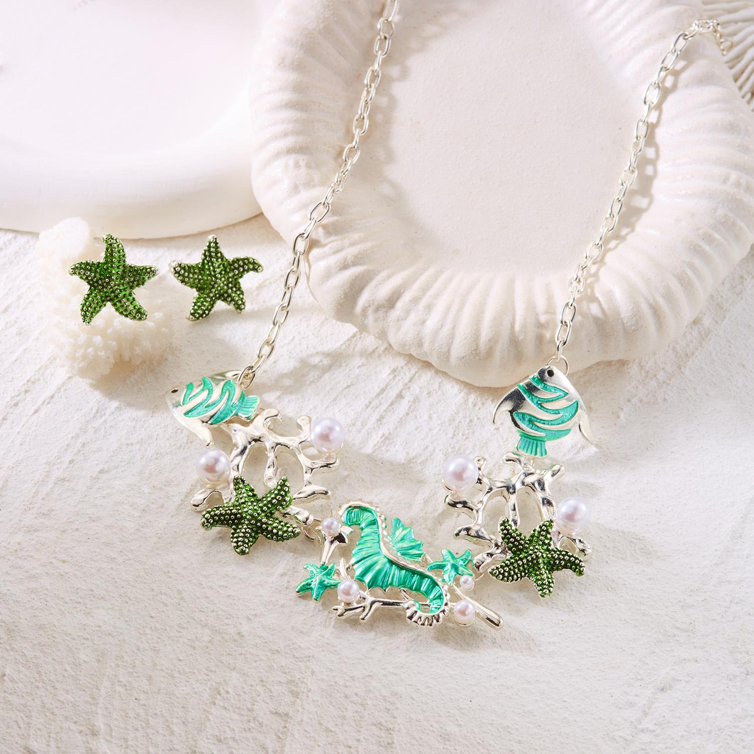 

Seahorse Starfish Fish Coral Imitation Pearl Necklace Earrings Set Trendy Personality Fashion Accessory Elegant High-End Set