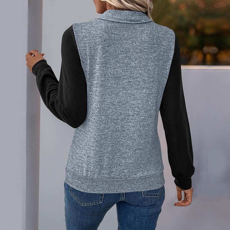 European and American Color Block Patchwork Zipper Hoodie: Women's Autumn/Winter Casual Versatile Pullover with Lapel.