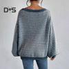 Women Sweater Off Shoulder Oversized Long Sleeve Knit Pullover Top Loose Fit Striped Print Soft Stretchy Knitting Tops