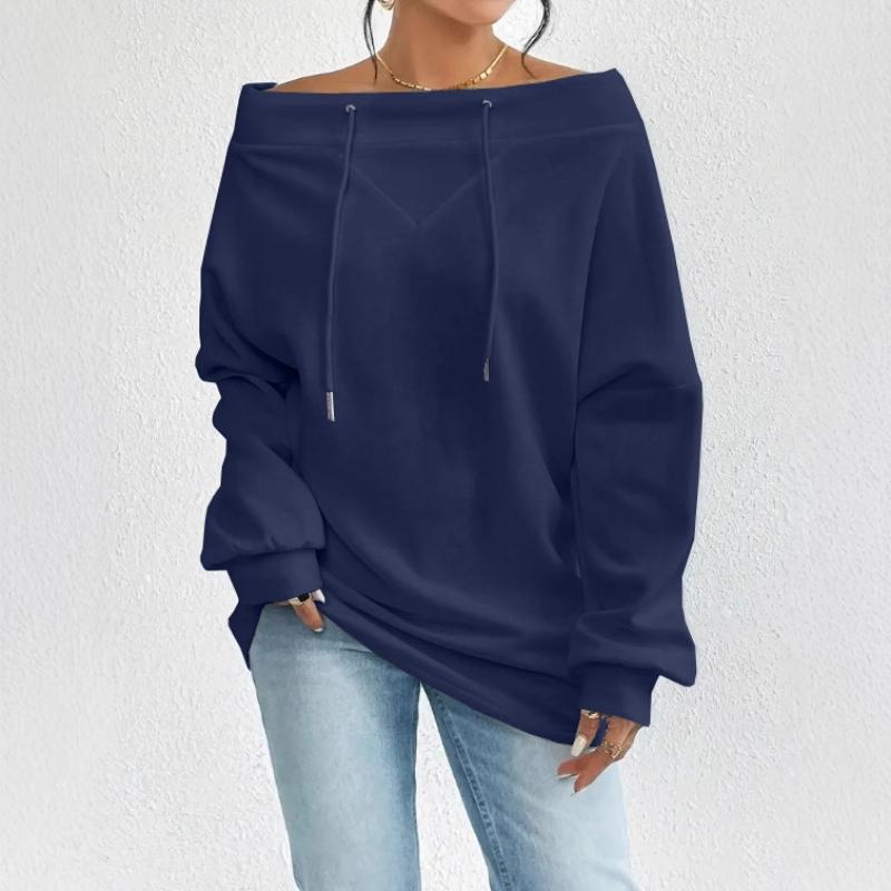 Women's Solid Off Shoulder Sweatshirt Drawstring Batwing Sleeve Top Spring Autumn Casual Streetwear