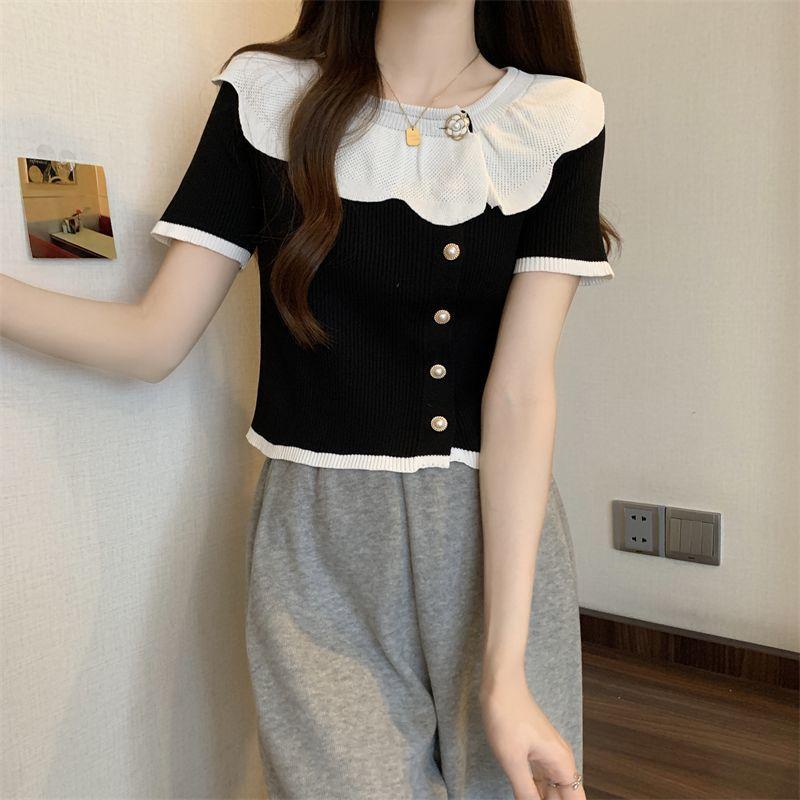 

Трикотажный топ из кружева во французском стиле с цветными блоками для женщин с короткими рукавами, с чувством дизайна, уникальный и красивый, майка, футболка на лето L чёрный