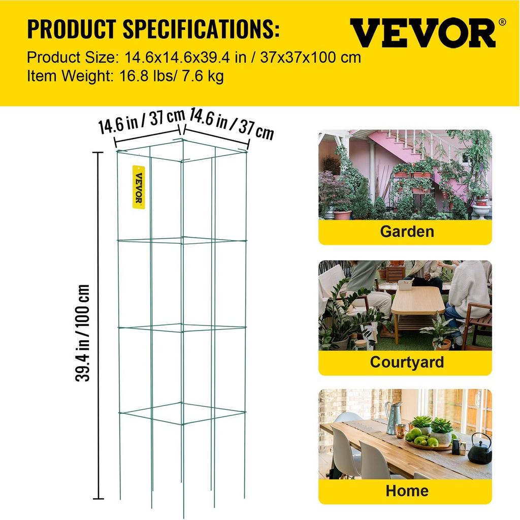 Tomato Cages, 14.6" X 14.6" X 39.4", 6 Packs Square Plant Support Cages, Green PVC-Coated Steel Tomato Towers for Climbing Vegetables, Plants,