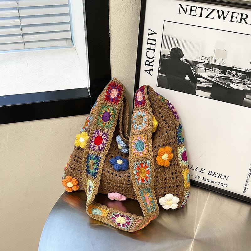 

Плетеная полая темпераментная пасторальная сумка-тоут большой вместимости женская для поездок на работу, с индивидуальным цветочным дизайном, универсальная модная наплечная сумка хаки