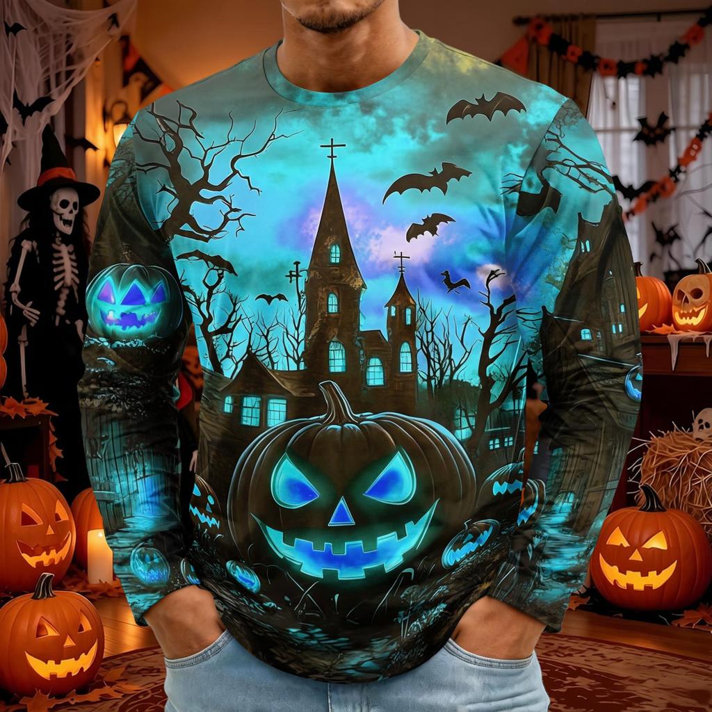 Men's Halloween Print Long Sleeve Round Neck T-Shirt Fashionable Top