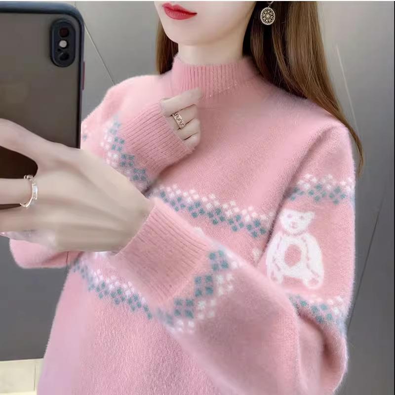 Damen Pullover aus Nerz-Fleece - Herbst/Winter 2025, Dick, Locker, Halboher Kragen, Gestrickt, Modisches Kurzes Oberteil