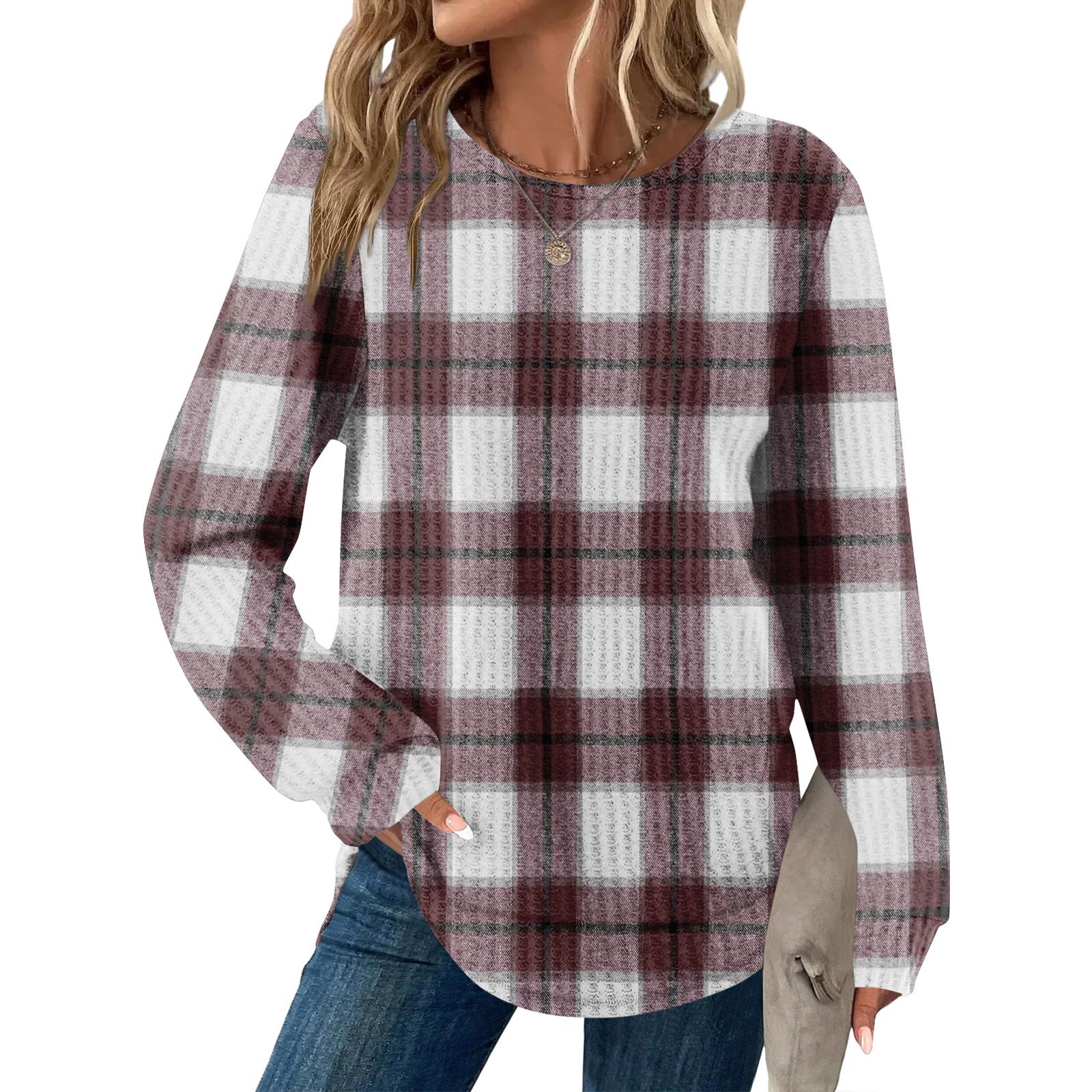 

Женский повседневный топ свободного кроя с круглым вырезом и длинными рукавами в клетку XL