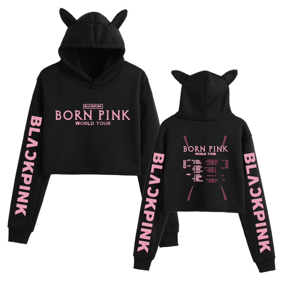 European Style Women's Cat Ear Cropped Hoodie with New Fashion Print